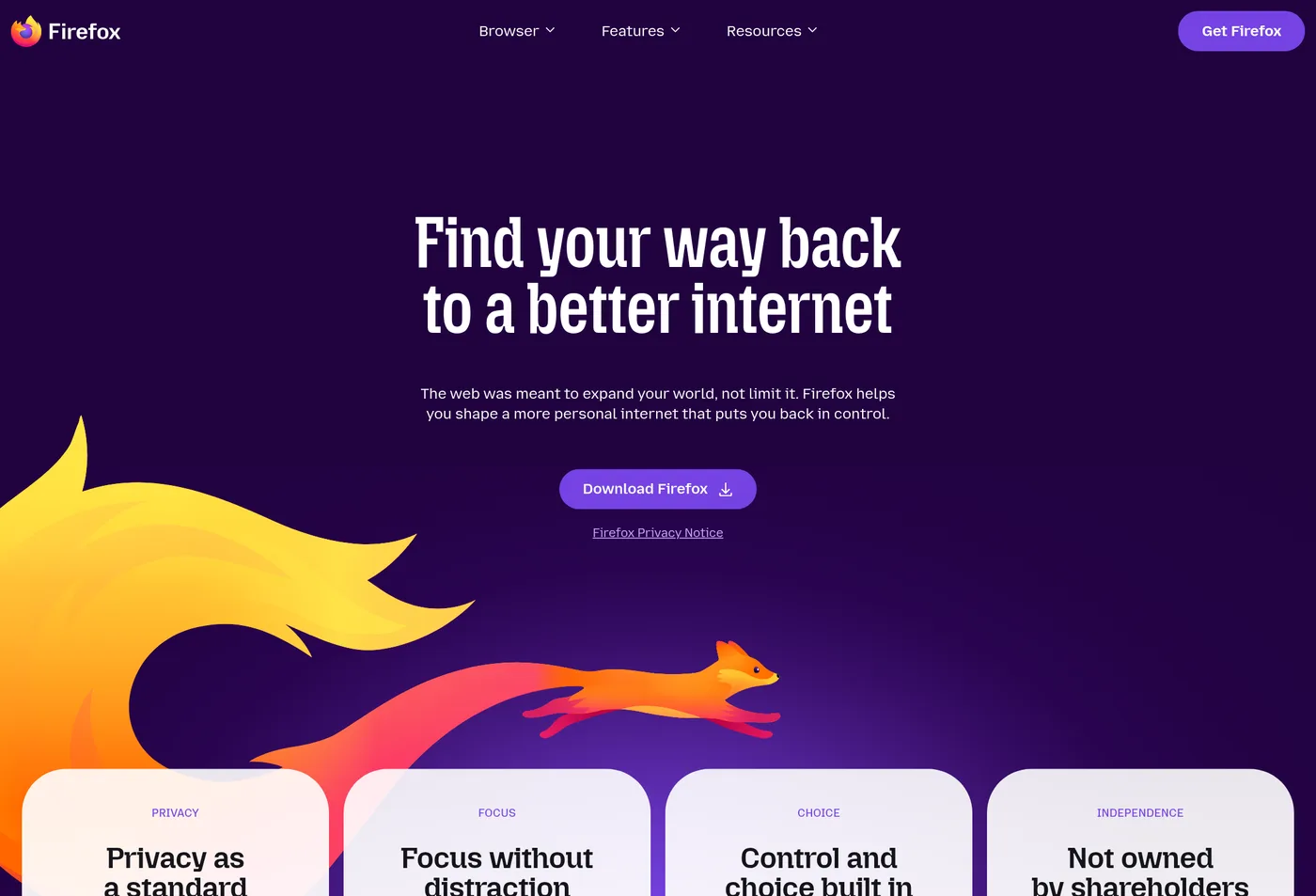 Firefox homepage showing a practical mainstream browser alternative with strong privacy potential when paired with the right setup.