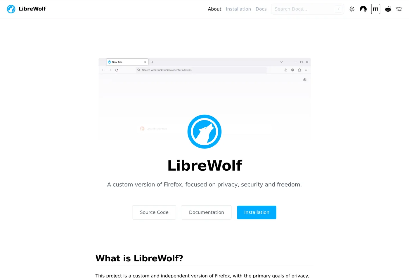 LibreWolf homepage showing a Firefox-based browser positioned around stricter privacy defaults.